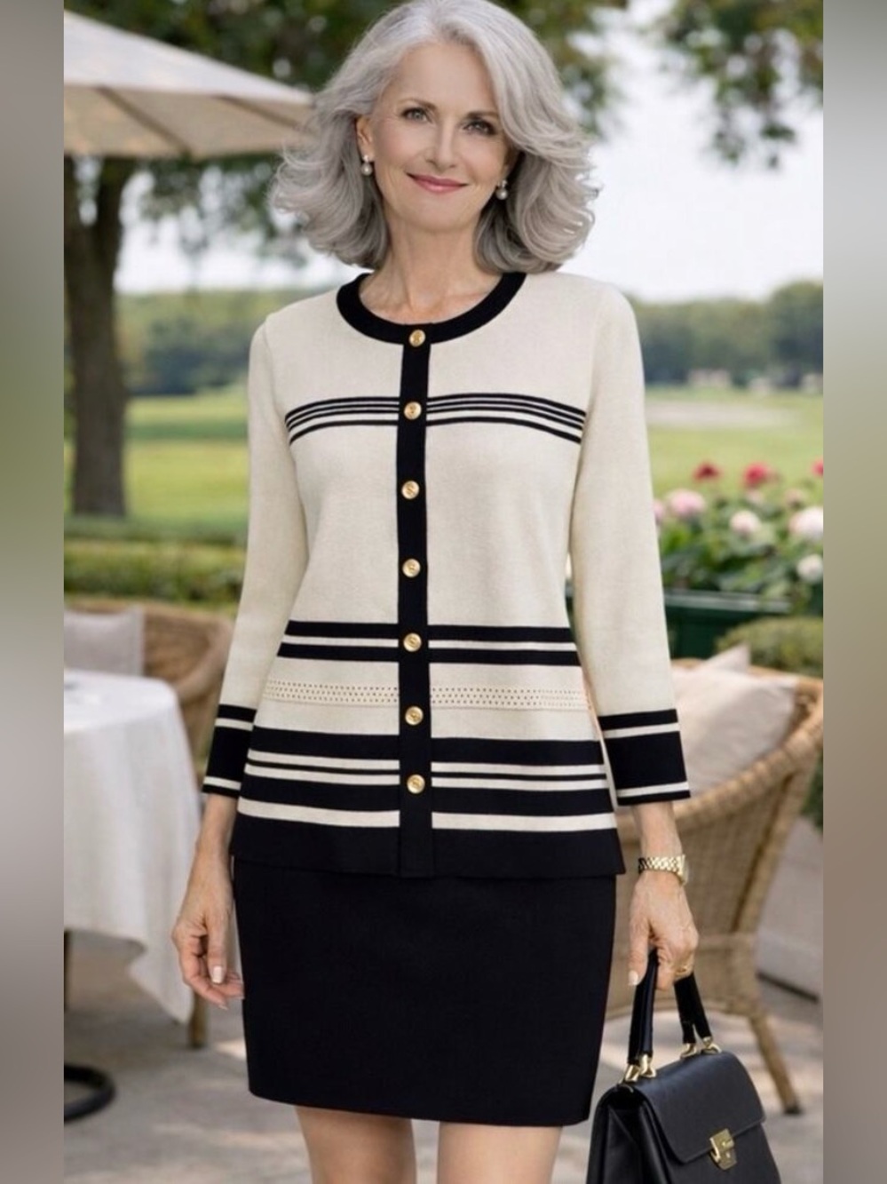 St. John Collection By Marie Gray Cream Cardigan with Navy Blue Striped